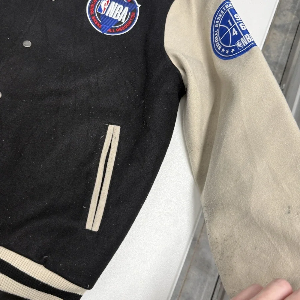 NBA Varsity Jacket Mens Large Black Good Letterman Snap Front Patch